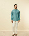 alt message - Manyavar Men Teal Green Grid Patterned Short Kurta image number 2